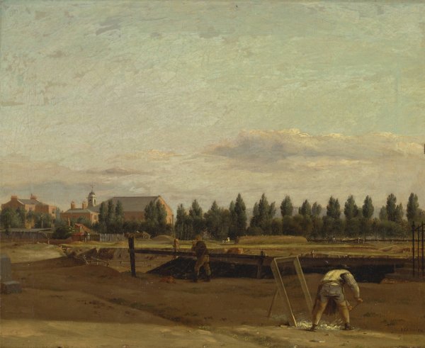 Excavating the Regent's Canal, with a View of Marylebone Chapel by John Seguier - Hand-Painted Oil Painting Reproduction
