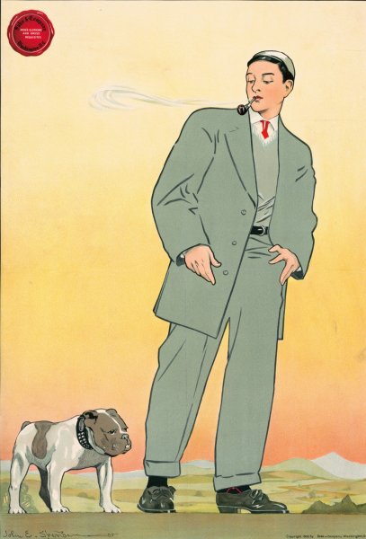 Young man in gray suit smoking a pipe and looking at a dog  by John Sheridan - Hand-Painted Oil Painting Reproduction