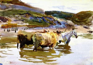 A Horse and Two Oxen at a Ford by John Singer Sargent - Oil Painting Reproduction