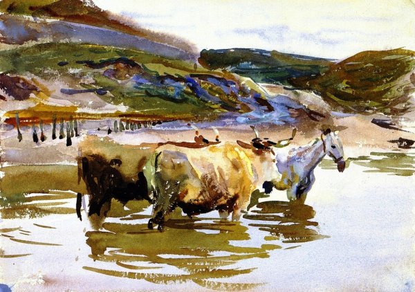 Main Product Photo of A Horse and Two Oxen at a Ford Painting by John Singer Sargent