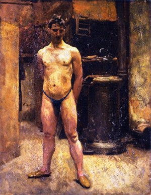 A Male Model Standing Before a Stove