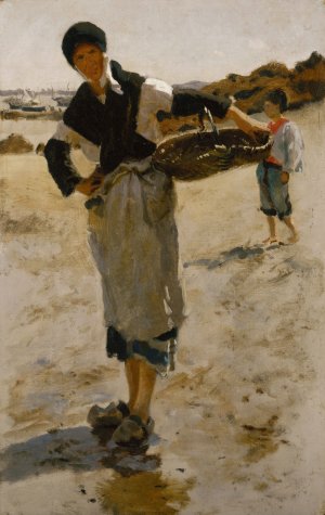 Breton Woman with a Basket, Sketch for 'Oyster Gatherers of Cancale' by John Singer Sargent Oil Painting