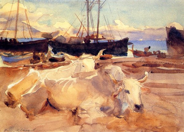 Oxen on the Beach at Baia by John Singer Sargent - Hand-Painted Oil Painting Reproduction