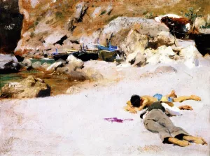 Two Boys on a Beach with Boats by John Singer Sargent - Oil Painting Reproduction