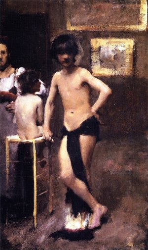 Two Nude Boys and a Woman in a Studio Interior