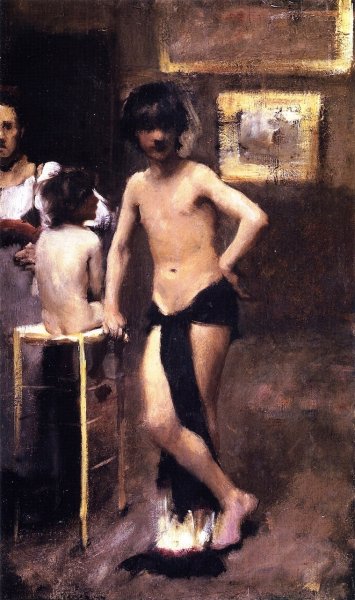 Two Nude Boys and a Woman in a Studio Interior by John Singer Sargent - Hand-Painted Oil Painting Reproduction