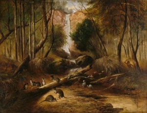 Bush landscape with waterfall and an aborigine stalking native animals, New South Wales by John Skinner Prout Oil Painting