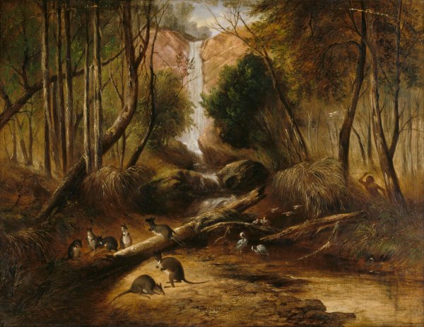 Bush landscape with waterfall and an aborigine stalking native animals, New South Wales  by John Skinner Prout - Hand-Painted Oil Painting Reproduction