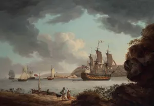 A Flagship Of The White Entering The Hamoaze And Approaching Plymouth Dock With Drake'S Island Off Her Port Quarter Oil painting by John Thomas Serres