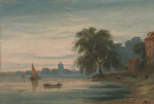 A View along the Thames towards Chelsea Old Church by John Varley Oil Painting