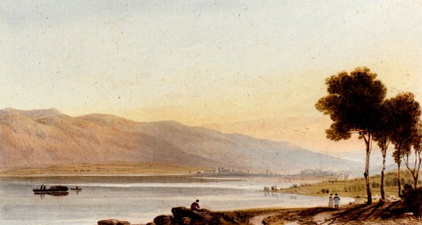 Figures And Sheep On The Shore Of Lake Geneva, With The Chateau De Chillon In The Distance by John Varley - Hand-Painted Oil Painting Reproduction