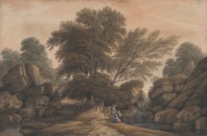 Figures Beside a Waterfall and Pool in a Wooded Landscape by John Varley Oil Painting