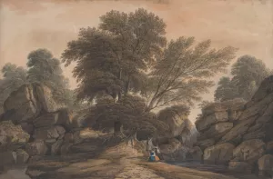 Figures Beside a Waterfall and Pool in a Wooded Landscape by John Varley Oil Painting