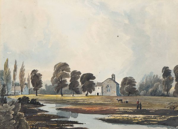 Meadow Scene With A Stream And Church Beyond  by John Varley - Hand-Painted Oil Painting Reproduction