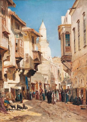 A bustling street before the mosque of Emir Mindar, Cairo by John Varley The Younger Oil Painting