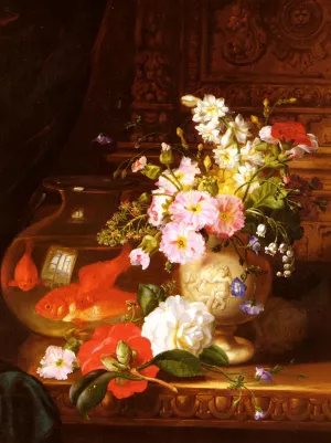 Still Life with Camellias, Primroses and Lily of the Valley in an Urn by a Goldfish Bowl by John Wainwright Oil Painting
