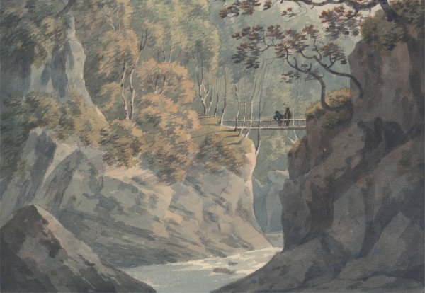 Main Product Photo of Alpine Bridge and Woodland Scenery near Pistil y Maw Painting by John Warwick Smith