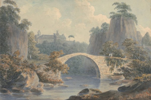 Main Product Photo of River Landscape with a Single Arched Bridge  Painting by John Warwick Smith