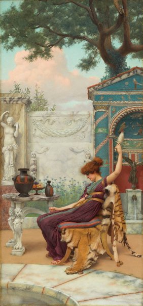 Winding wool in a Pompeian garden Oil painting by John William Godward