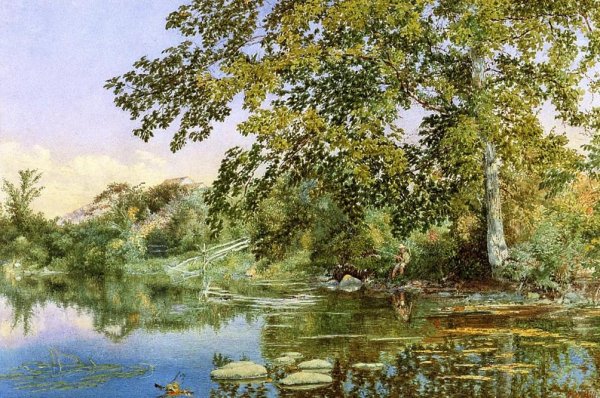 Main Product Photo of River Landscape with Boy Fishing Painting by John William Hill