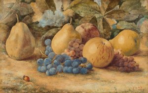 Still Life of Fruit - Apples, Pears, and Grapes on Ground by John William Hill Oil Painting
