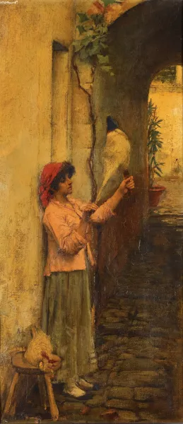 A Neapolitan Flax Spinner by John William Waterhouse Oil Painting