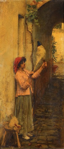 Main Product Photo of A Neapolitan Flax Spinner Painting by John William Waterhouse
