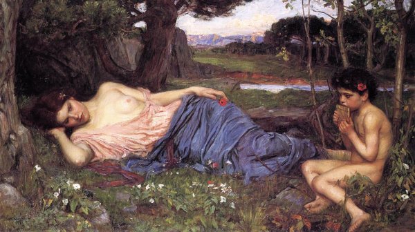 Main Product Photo of Listening to My Sweet Pipings Painting by John William Waterhouse