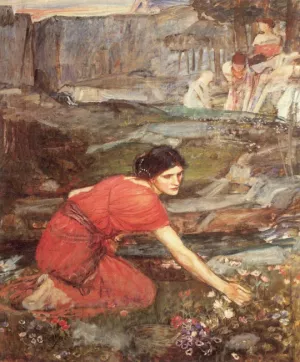 Maidens picking Flowers by a Stream Study by John William Waterhouse Oil Painting