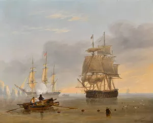 A British Man of War off the Needles, Isle of Wight by John Wilson Carmichael Oil Painting