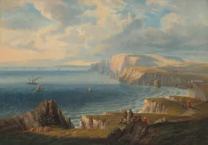 Walkers on the cliffs above Freshwater Bay, viewed from the East by John Wilson Carmichael Oil Painting
