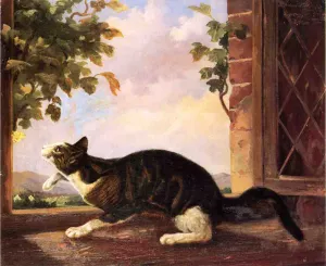 Cat Stalking a Butterfly by John Woodhouse Audubon - Oil Painting Reproduction