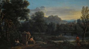 A wooded classical landscape with figures resting in the foreground and bathing in the river, a town beyond by John Wootton Oil Painting