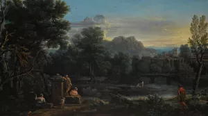 A wooded classical landscape with figures resting in the foreground and bathing in the river, a town beyond by John Wootton Oil Painting