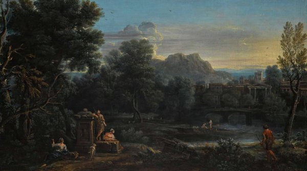 Main Product Photo of A wooded classical landscape with figures resting in the foreground and bathing in the river, a town beyond Painting by John Wootton