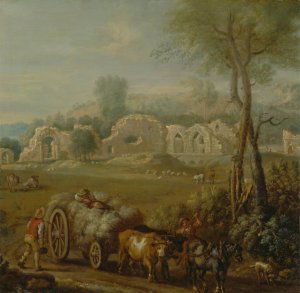 Haycart Passing a Ruined Abbey by John Wootton Oil Painting