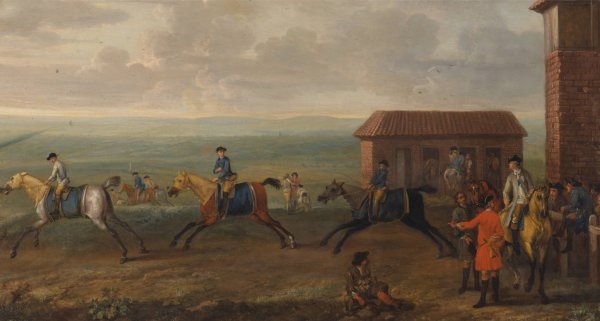 Main Product Photo of Lord Portmore Watching Racehorses at Exercise on Newmarket Heath  Painting by John Wootton