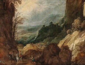 A mountainous landscape with travellers by Joos De Momper Oil Painting