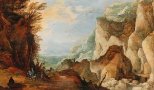 A mountainous landscape with travellers by Joos De Momper Oil Painting