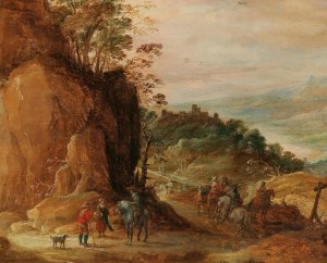 A rocky landscape with horsemen by Joos De Momper Oil Painting