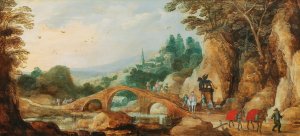 A rocky landscape with riders near a bridge by Joos De Momper Oil Painting
