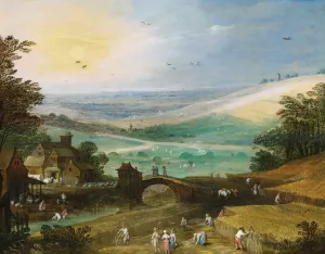 A Summer Landscape With Figures Bringing In The Harvest by Joos De Momper Oil Painting