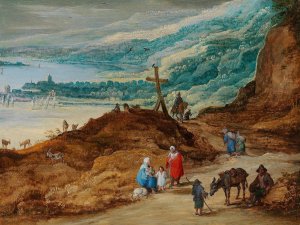 A wide mountainous landscape with travellers by Joos De Momper Oil Painting