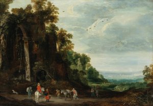 A wooded landscape with a rider conversing with peasants near an overgrown castle by Joos De Momper Oil Painting