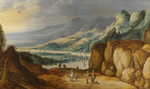 An Extensive Mountainous River Landscape With Horsemen Conversing On A Raised Plateau by Joos De Momper Oil Painting