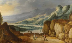 An Extensive Mountainous River Landscape With Horsemen Conversing On A Raised Plateau by Joos De Momper Oil Painting