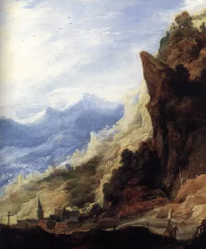 Large Mountain Landscape Detail by Joos De Momper Oil Painting