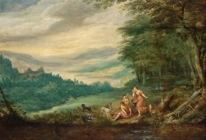 Venus Mourning Adonis In A Panoramic Wooded Landscape by Joos De Momper Oil Painting