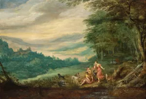 Venus Mourning Adonis In A Panoramic Wooded Landscape by Joos De Momper Oil Painting