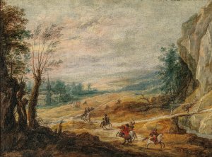 An extensive mountainous landscape with horsemen chasing a thief by Joos De Momper The Younger Oil Painting